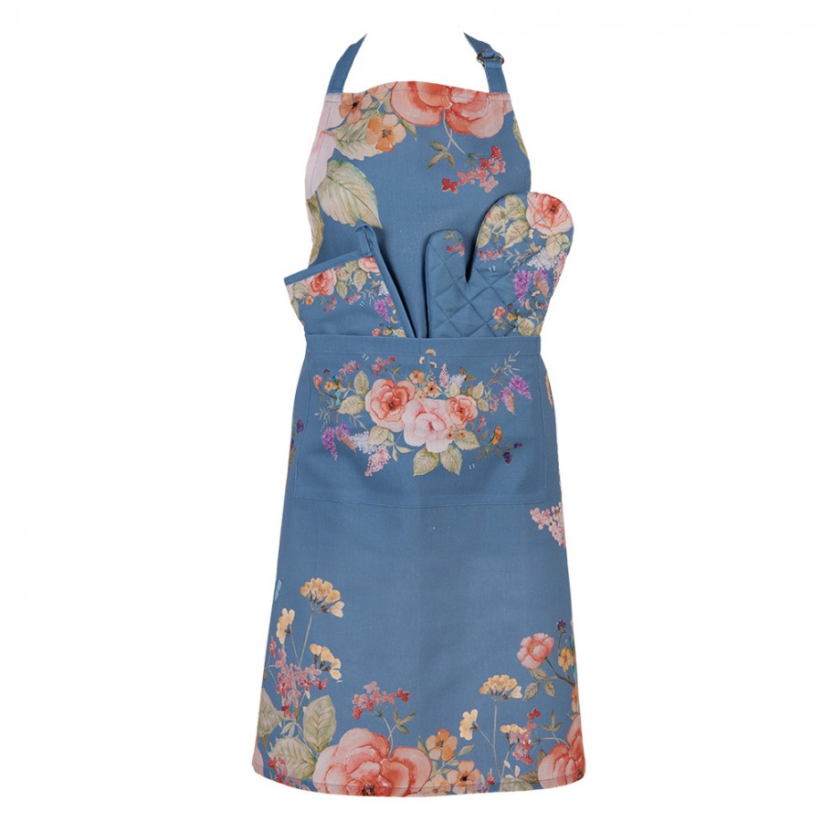 Keukenschort blauw met bloemen