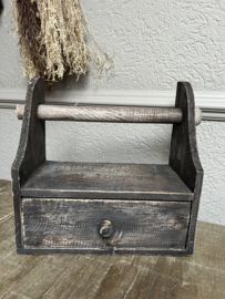 Stoere houten keukenrolhouder met lade vergrijsd 28*33*15