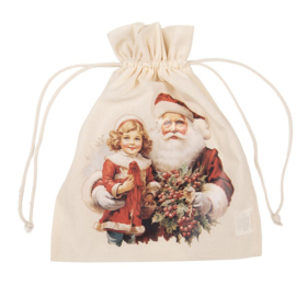 Nostalgisch stoffen kadozakje Kerstman en meisje 21*25