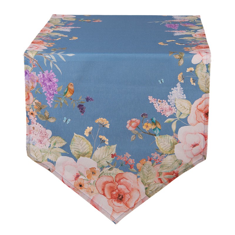 Tafelloper blauw met bloemen 50*160