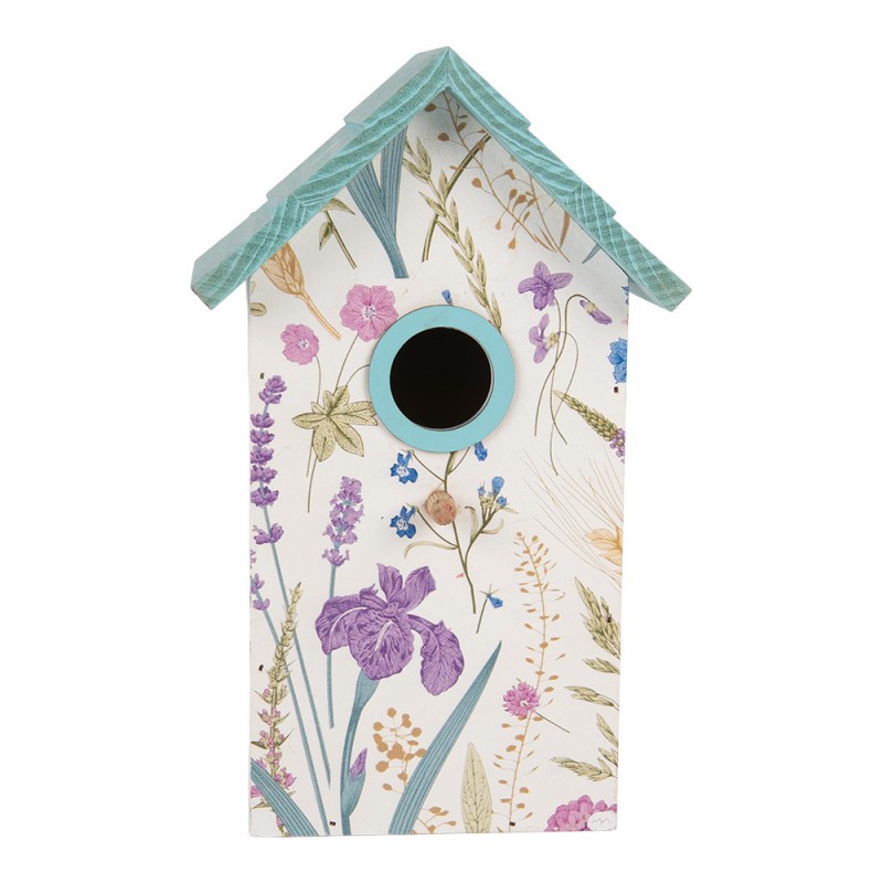Houten vogelhuis bloemen wit/blauw
