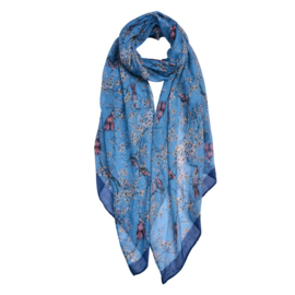 Dames sjaal vogelprint blauw 80*180