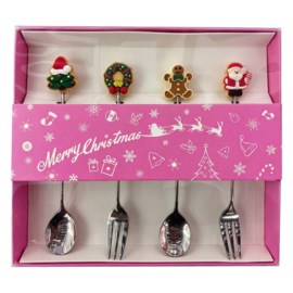 Dessert bestekset (4) zilverkleurig kerst