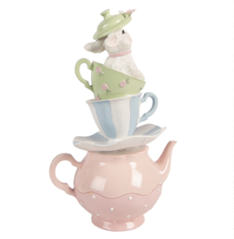 Decoratie theepot met kopjes en konijn 16*13*26