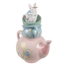 Decoratie roze theepot kopjes en konijn 28*19*34