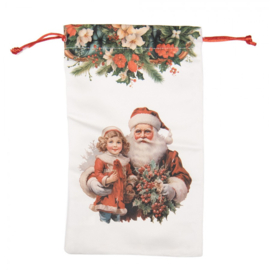 Nostalgisch stoffen kadozakje kerstman met meisje 14*22