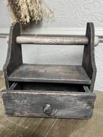 Stoere houten keukenrolhouder met lade vergrijsd 28*33*15