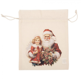 Nostalgisch stoffen kadozakje Kerstman en meisje 21*25