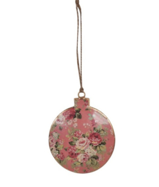Hangende metalen kerstbal roosjes roze 10 cm