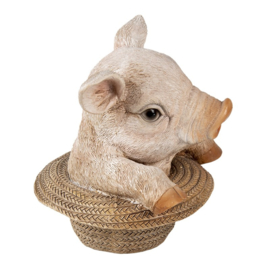 Decoratie varken in strooien hoed