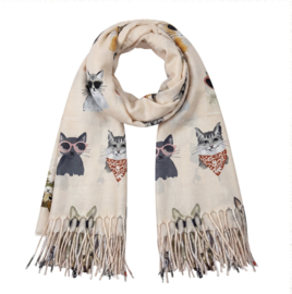 Dames wintersjaal poesjes beige 70*180
