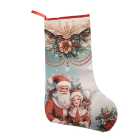 Nostalgische Kerstsok Kerstman met meisje 25*36