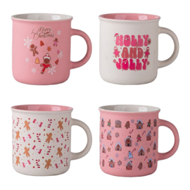 Mokken set van 4 Kerst roze/wit 380ml