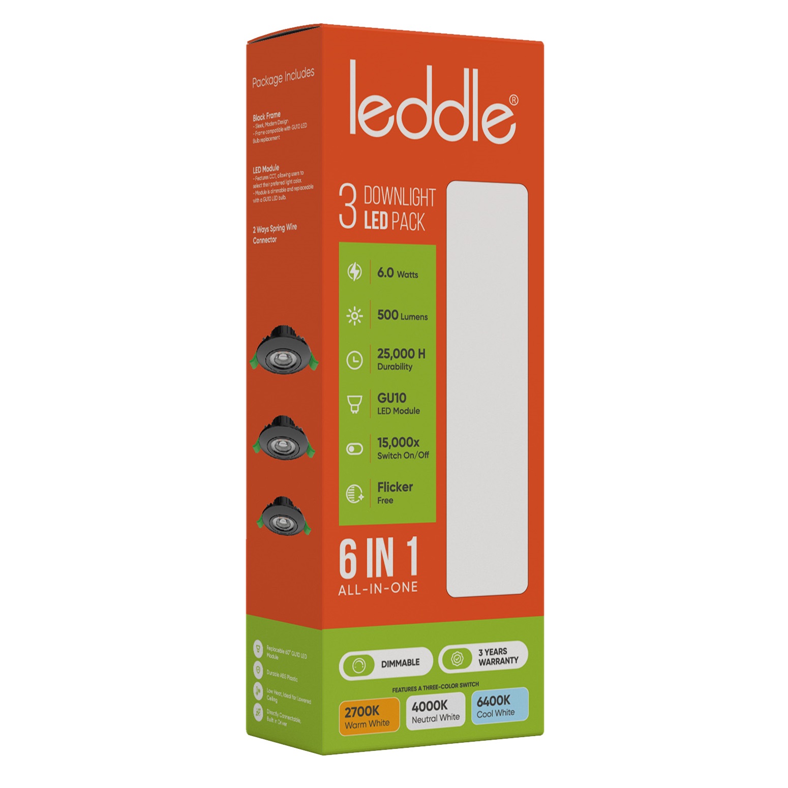 Leddle 3Pcs Downlight Set Black Dimmable 6IN1 CCTWire Connector
