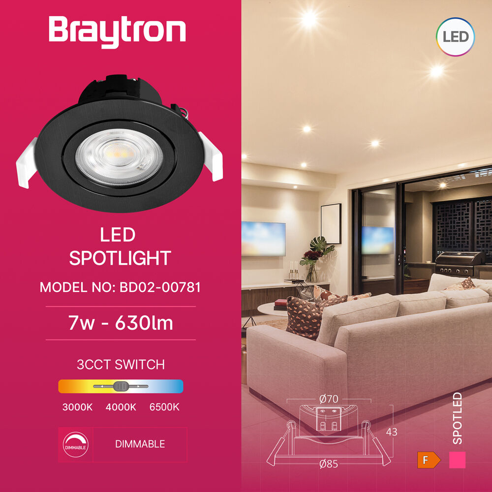 Braytron 7W G3 ROUND BLACK 3IN1 LED Downlight