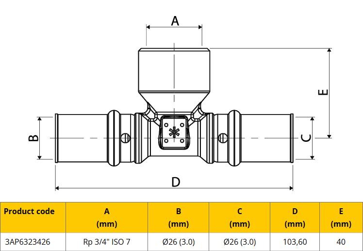 APE Gas T-stuk 26x3/4x26 Bi. Pers