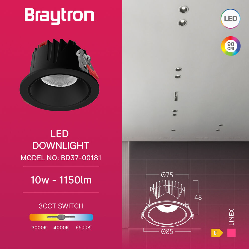 Braytron LINEX CD10 10W 3CCT Black LED Downlight