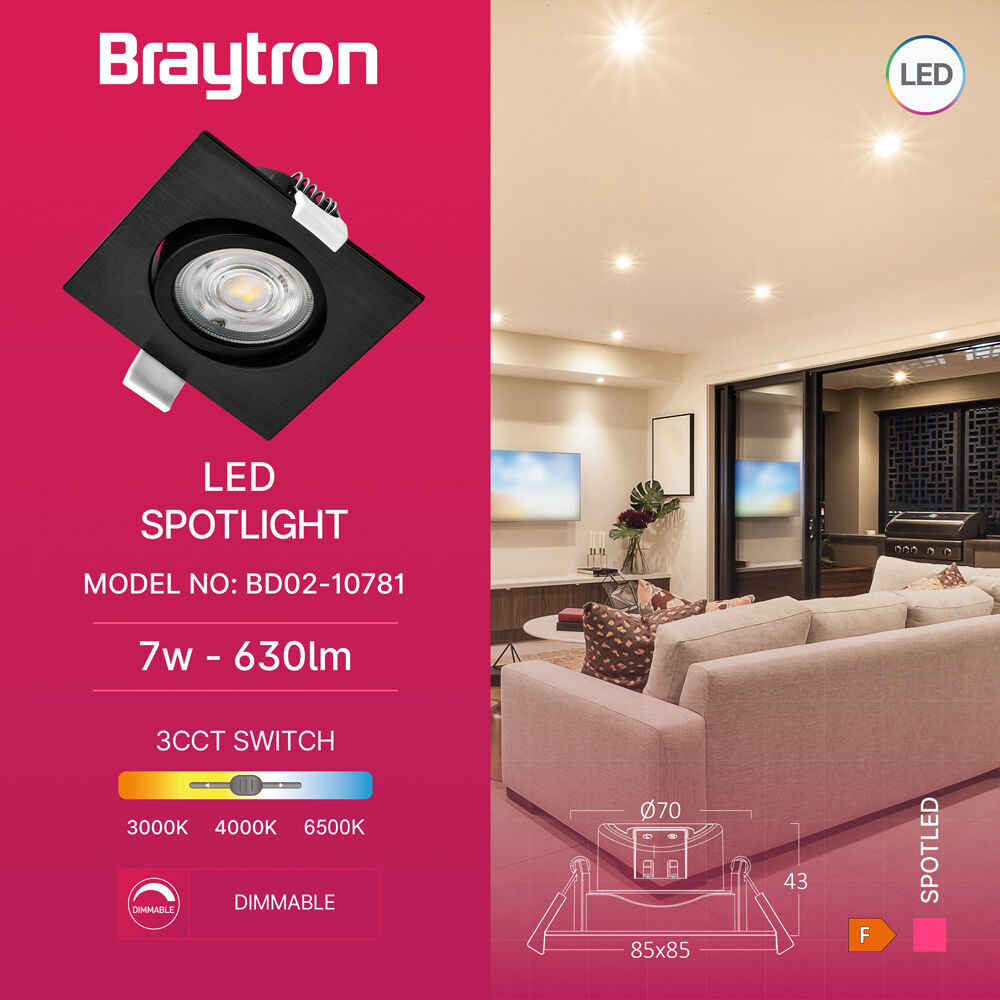 Braytron 7W G3 SQUARE Black 3IN1 LED Downlight