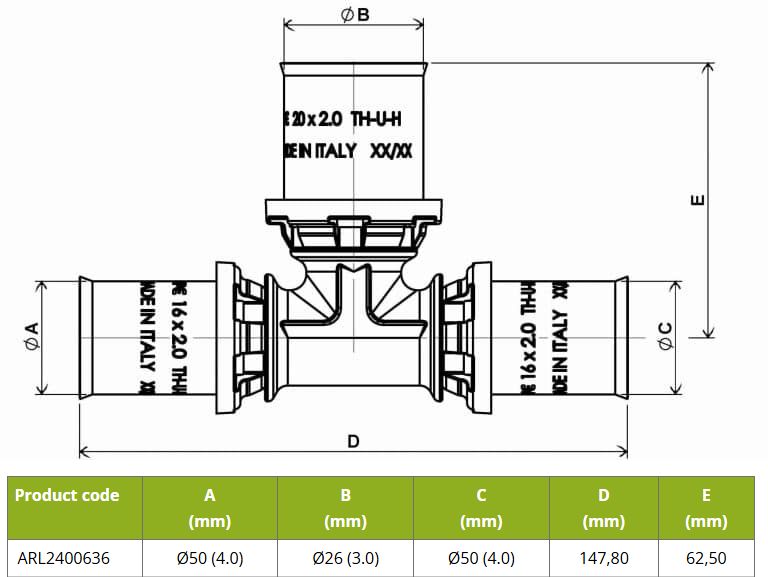 APE T-Stuk 50x26x50mm Pers Messing RVS ARL2400636