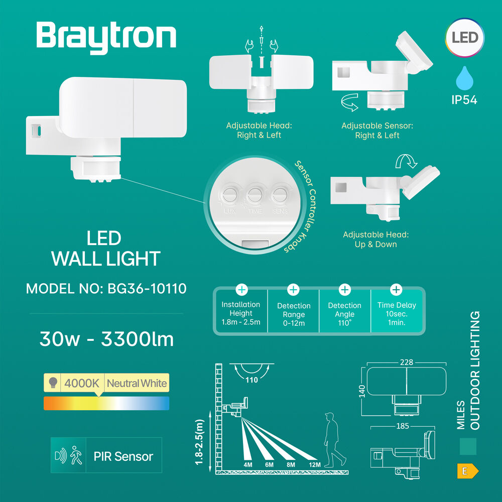 Braytron MILES W2 White 30W 4000K IP54 Wall Light