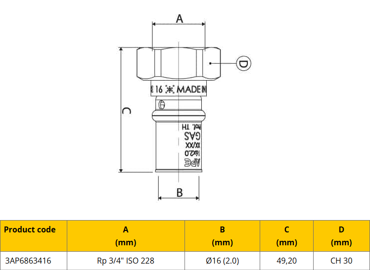 APE Gas 16x3/4 Bi Draaibaar Wartel