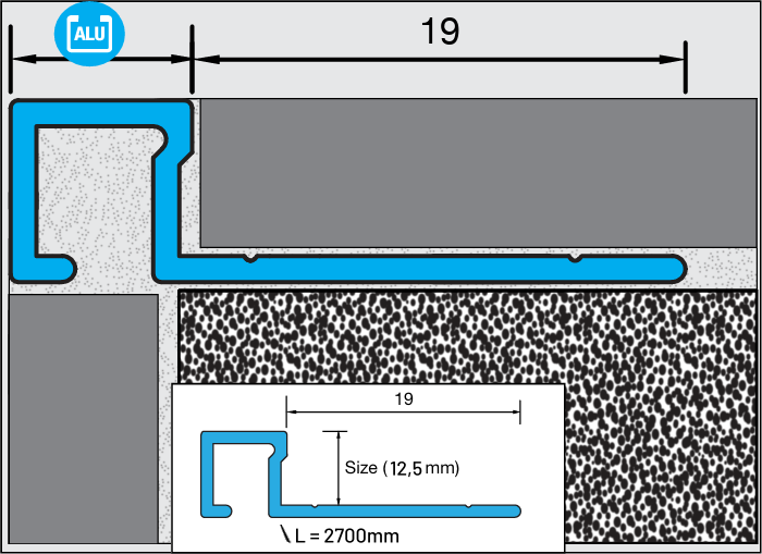QUTEX Vierkant Alu Mat Zilver 12,5 x 2700mm OX-E063110127 Tegelprofiel