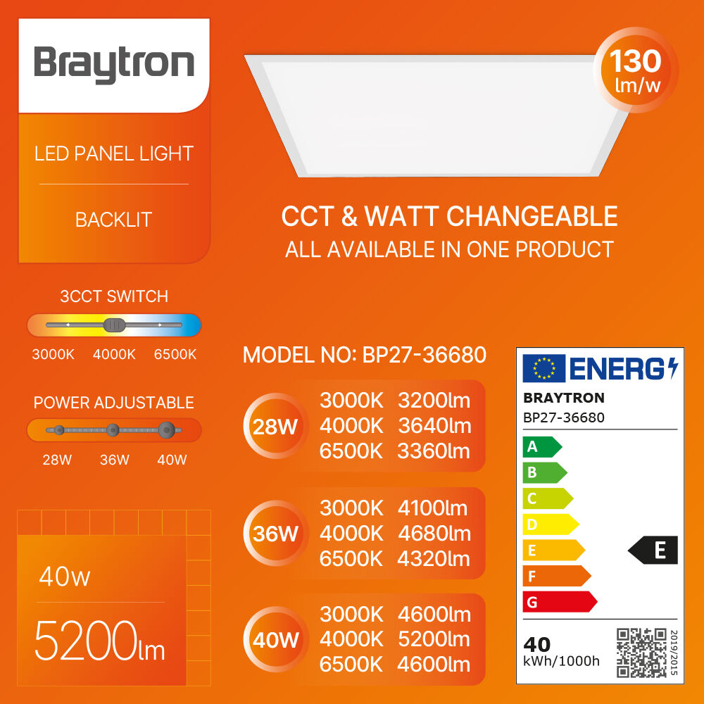 Braytron 40W 60x60 White 3in1 CCT LED Panel