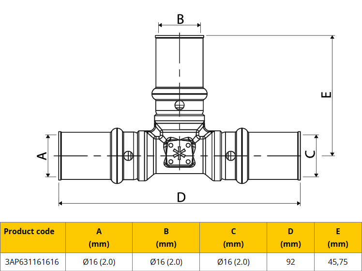 APE Gas T-stuk 16x16x16 Pers