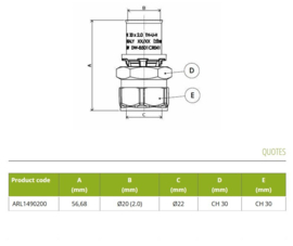 APE Verloop Recht 20-22mm Pers x Knel ARL1490200