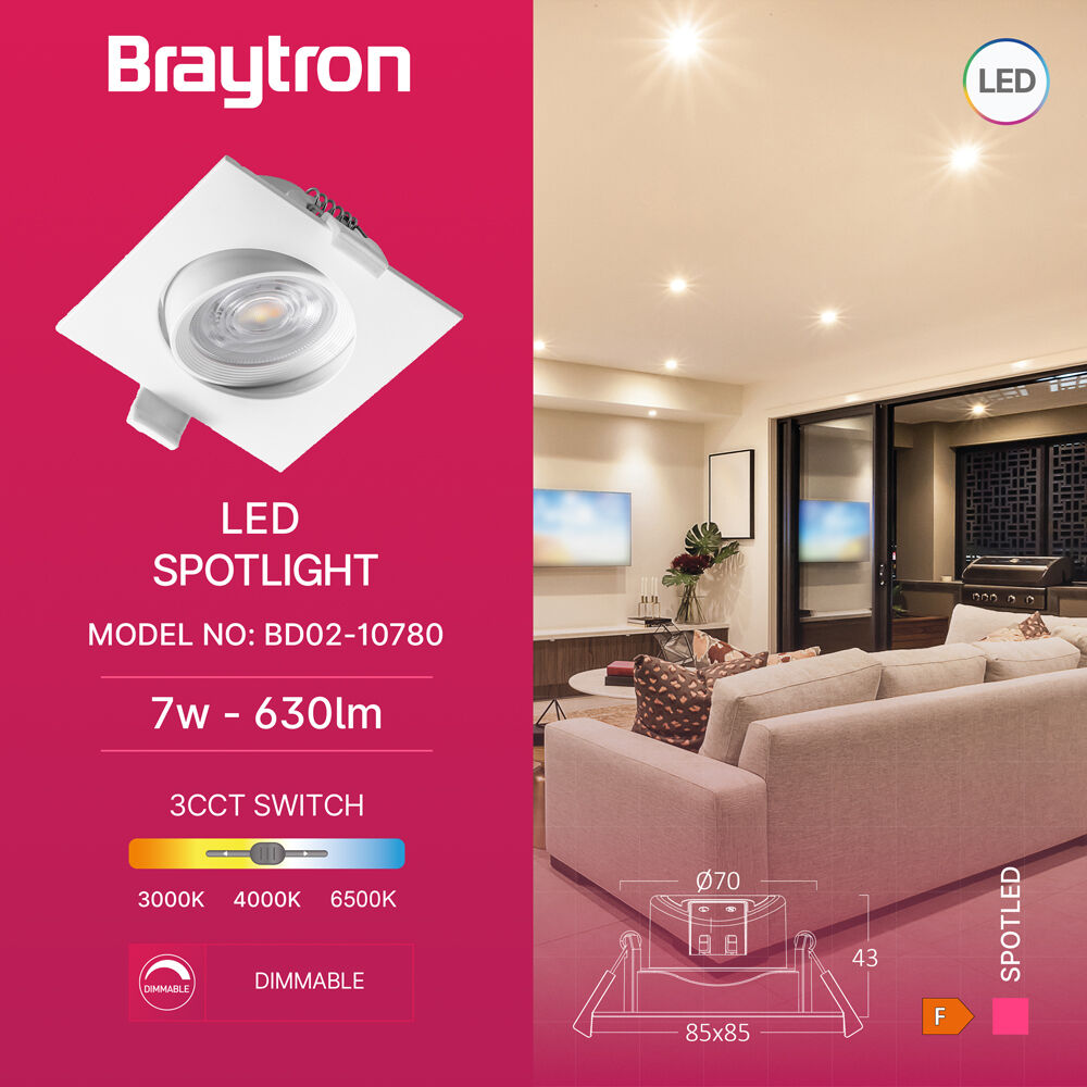 Braytron 7W G3 SQUARE White 3IN1 LED Downlight