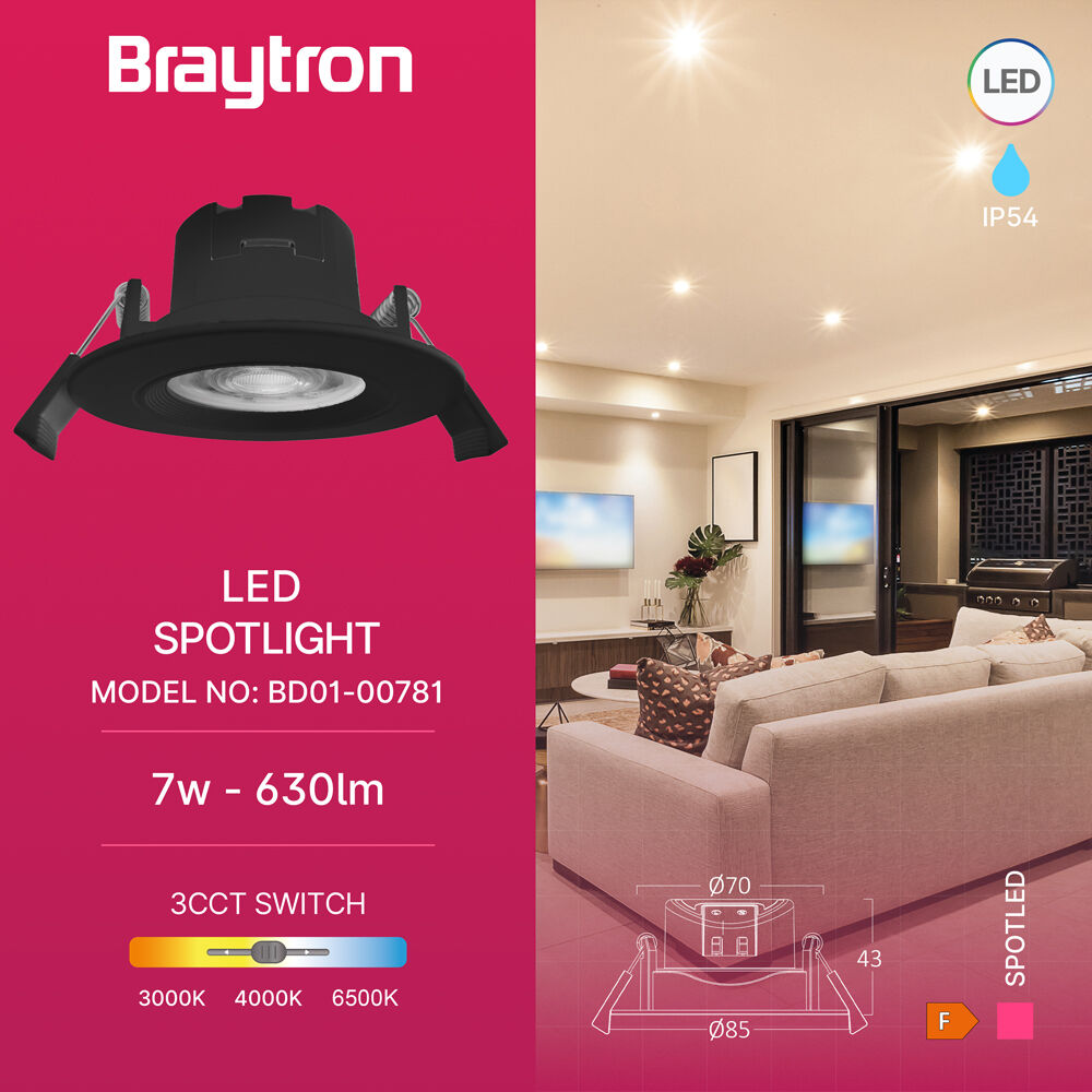 Braytron 7W G3 ROUND BLACK IP54 3IN1 LED Downlight