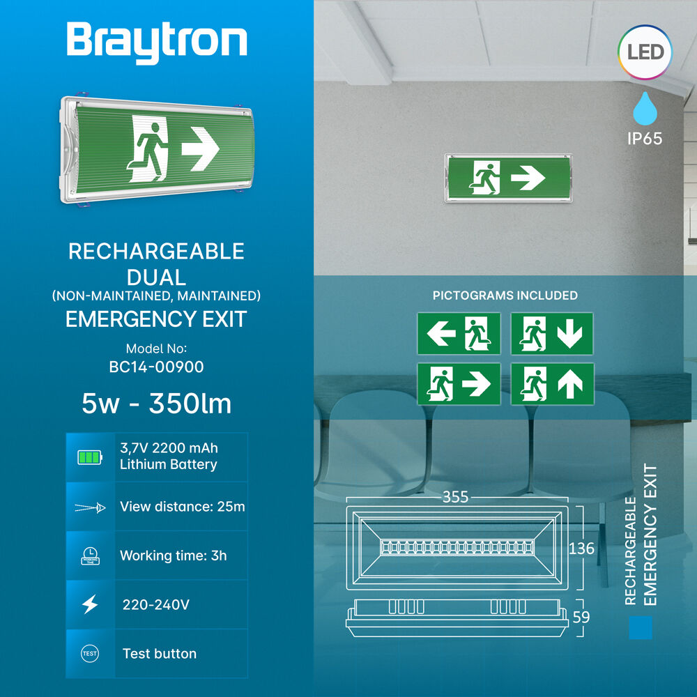 Braytron EXIT LED DUAL 5W IP65 WHT Emergency Exit