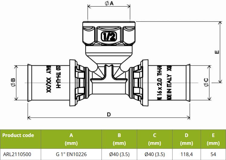 APE T-Stuk 40x1x40mm Pers Messing RVS ARL2110500