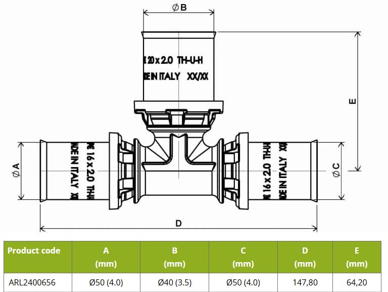 APE T-Stuk 50x40x50mm Pers Messing RVS ARL2400656