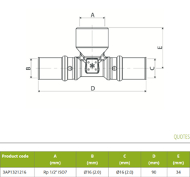 APE T-stuk 16x1/2x16 Bi. Pers