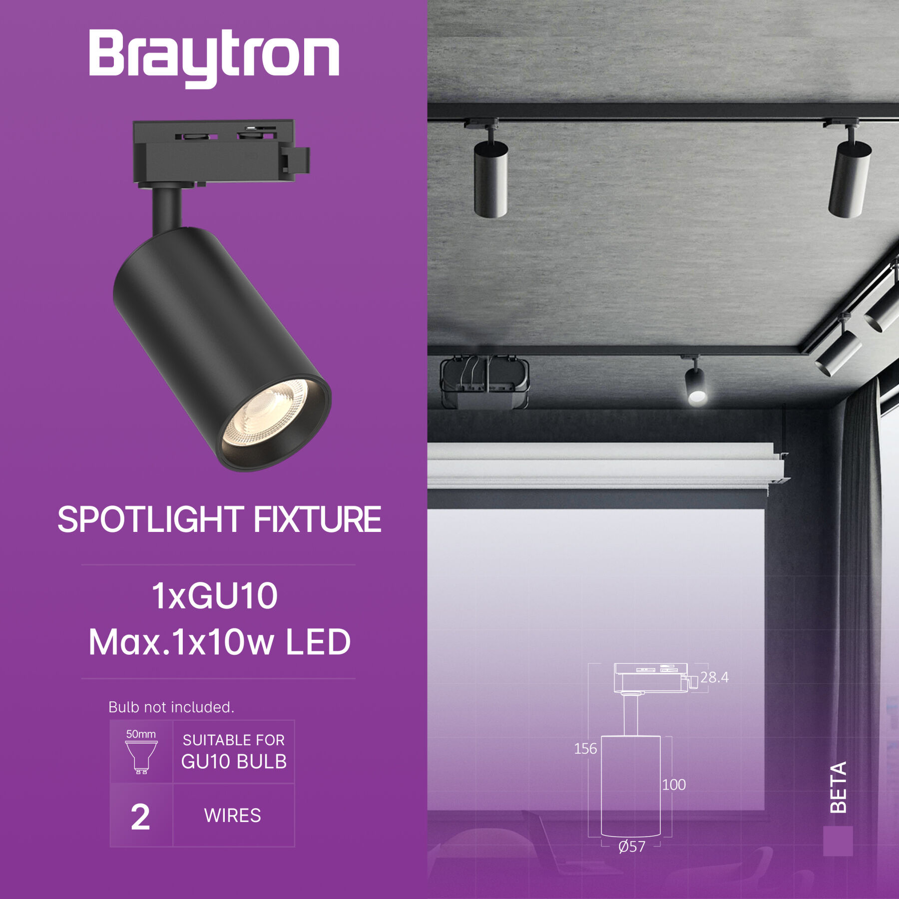 Braytron BETA TR2 Black GU10 IP20 2WRS Tracklight Fixture