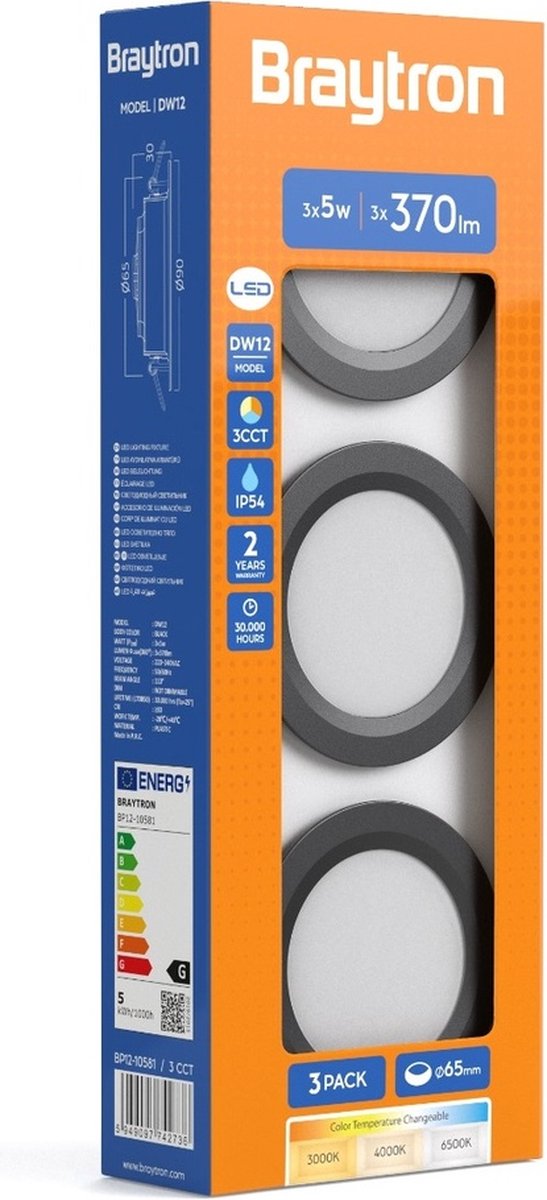 Braytron 5W 3pcs LED Downlight Set 3CCT IP54 Black