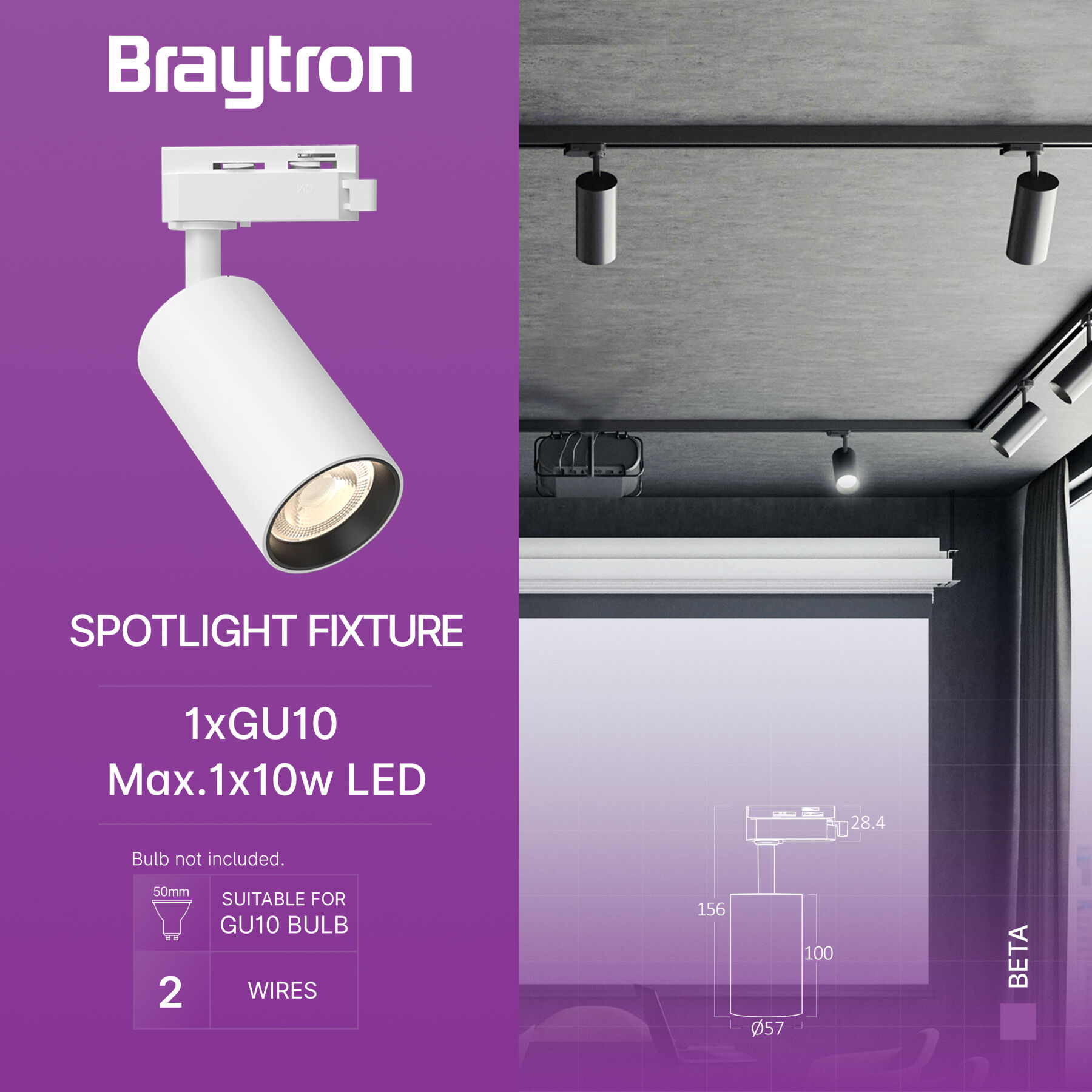 Braytron BETA TR2 White GU10 IP20 2WRS Tracklight Fixture