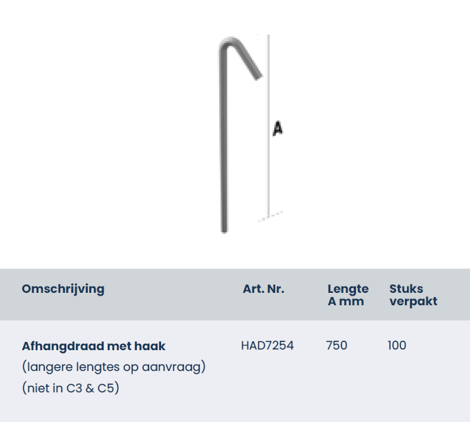Afhangdraad met haak 750mm, doos 100 stuks HAD7254