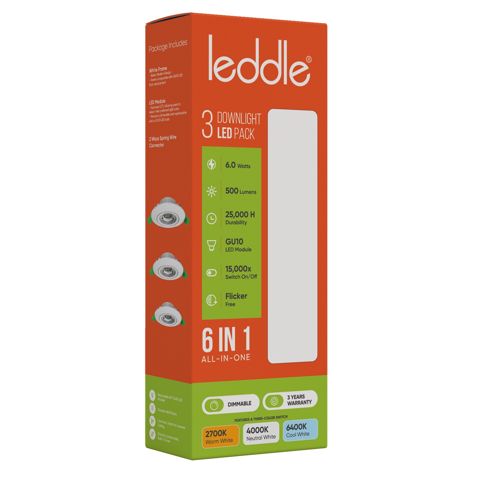 Leddle 3Pcs Downlight Set White Dimmable 6IN1 CCT Wire Connector