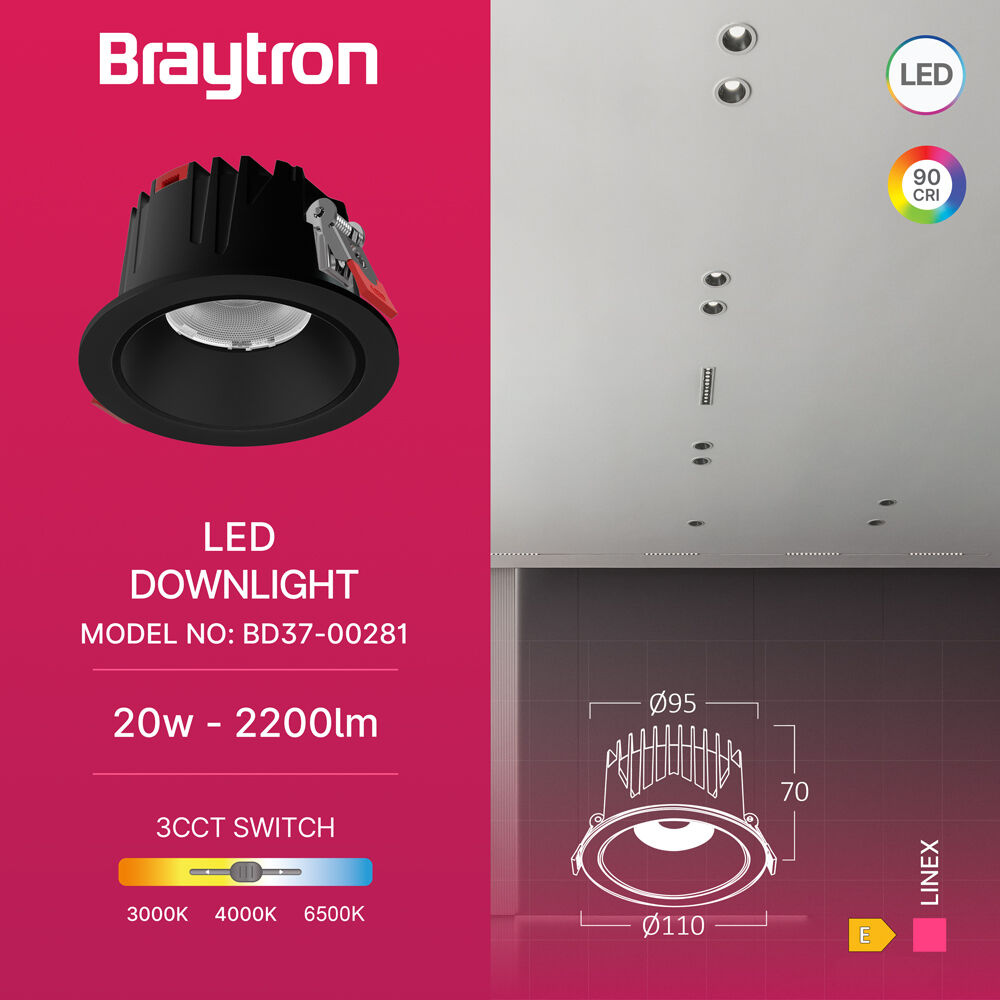 Braytron LINEX CD20 20W 3CCT Black LED Downlight