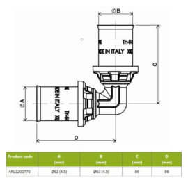 APE ARL3200770 Knie 90° 6363 Pers Messing RVS
