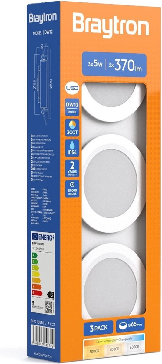Braytron 5W 3pcs LED Downlight Set  3CCT IP54 White