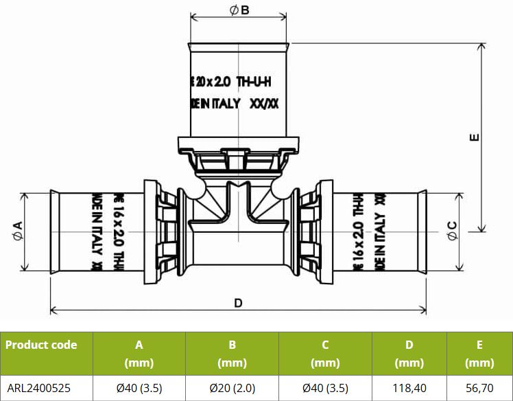 APE T-Stuk 40x20x40mm Pers Messing RVS ARL2400525