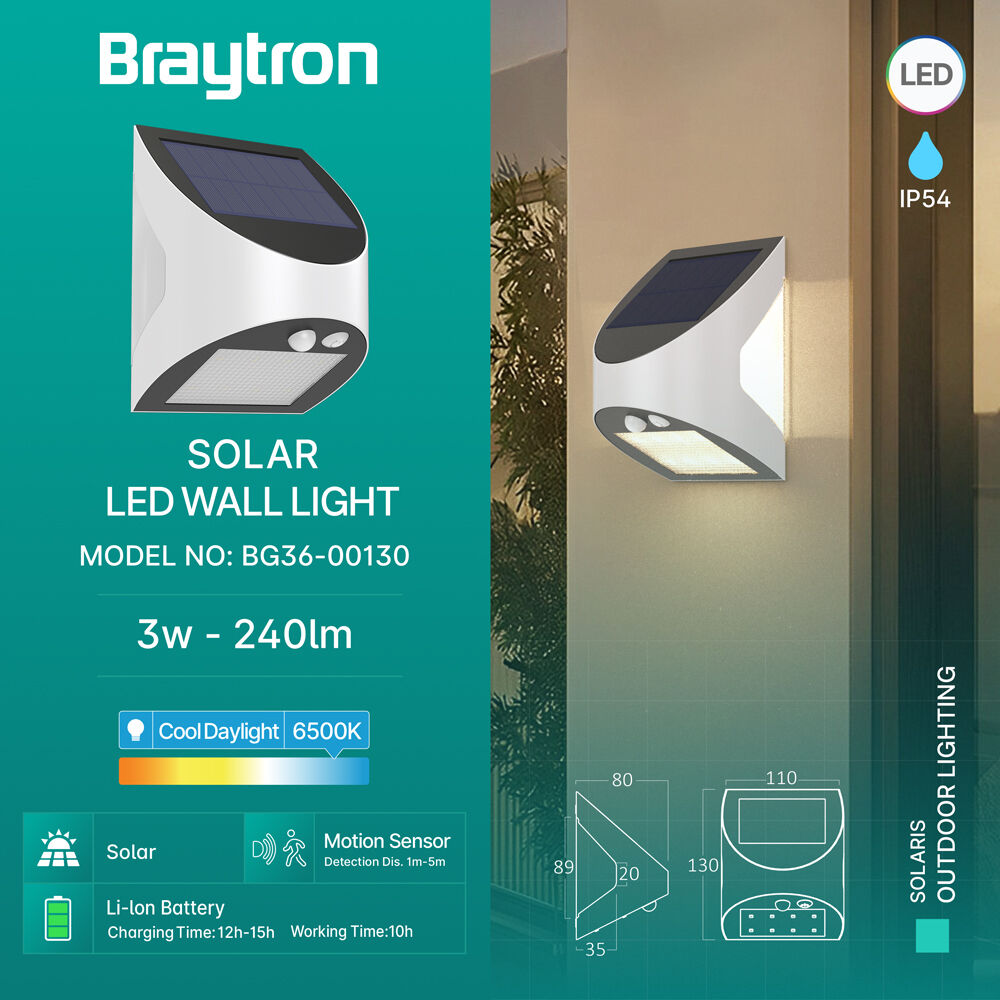 Braytron SOLARIS W1 White 3W 6500K IP54 Solar Wall Light