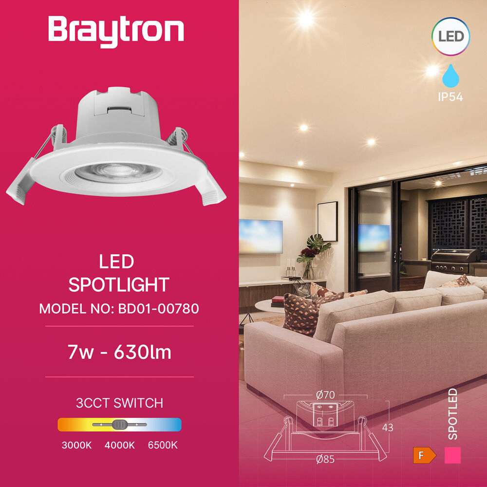 Braytron SPOTLED G3 7W RND White IP54 3IN1 LED Downlight