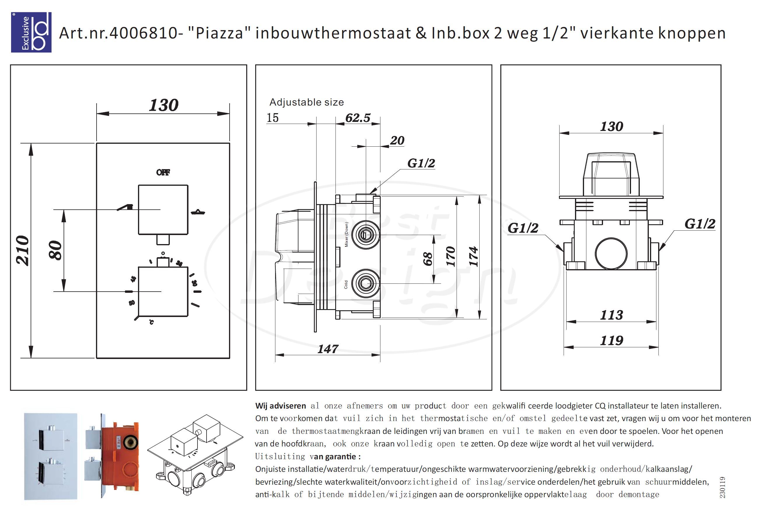 Best Design Piazza Inbouw Thermostaat met Box Vierkant 4006810