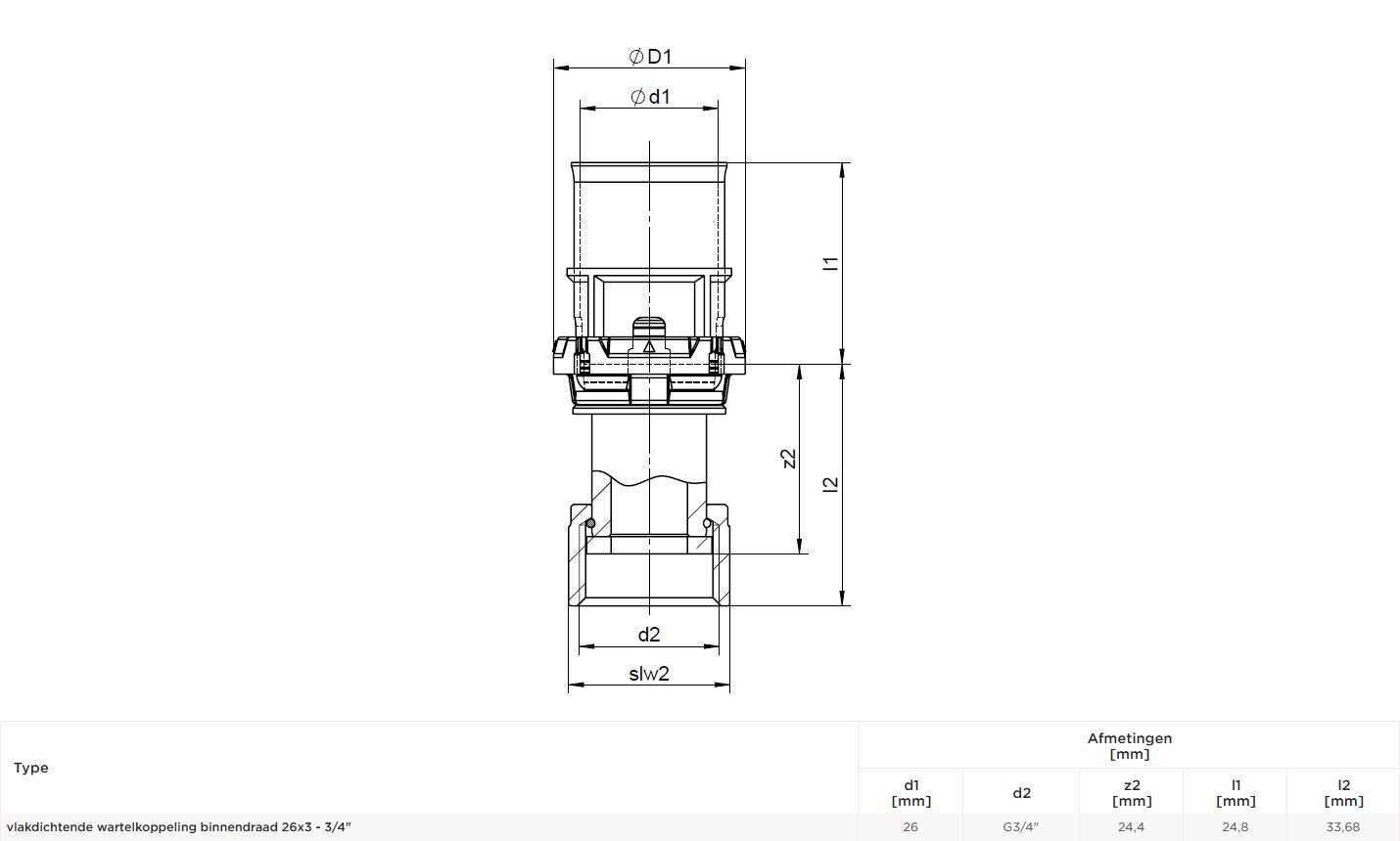 COMAP 7359GG2634 Gas Verloop met Moer 26-3/4 Pers x Knel