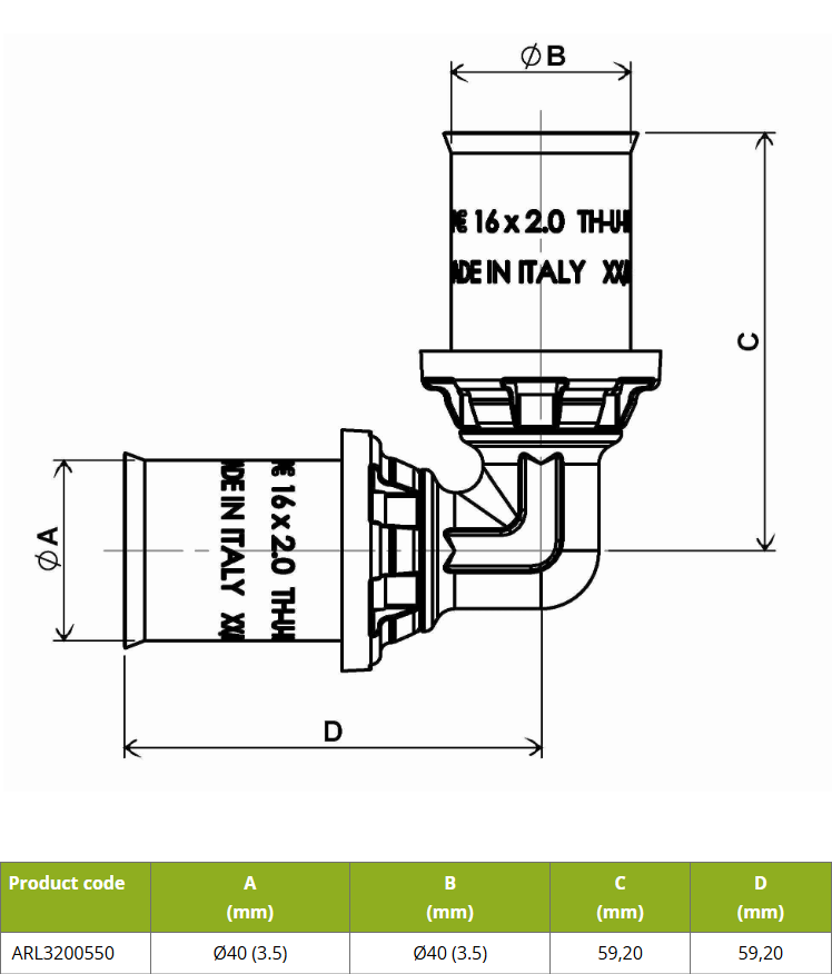 APE Knie 90° 40x40mm Pers Messing RVS ARL3200550