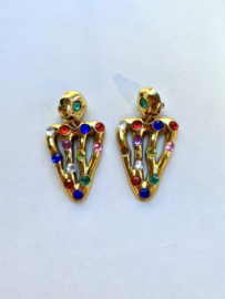 gold vintage clip on whit colorful gems